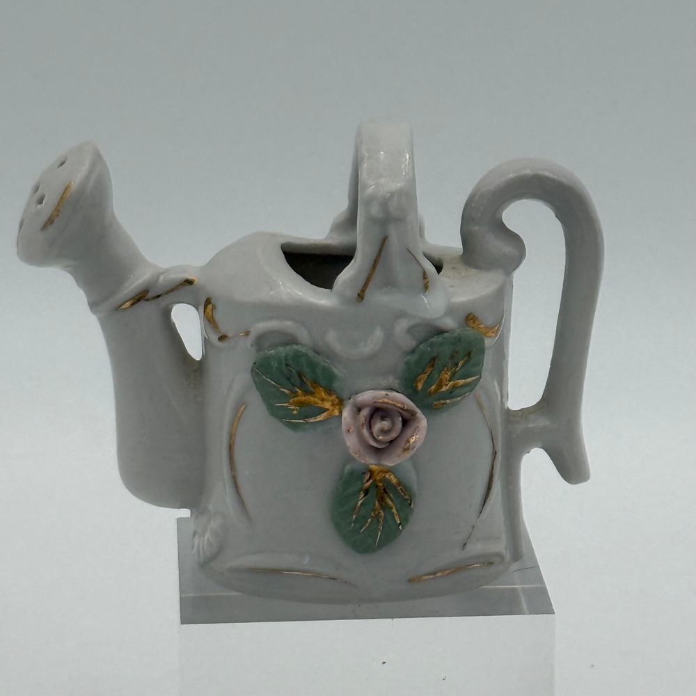 Vintage Miniature Ceramic Watering Can Figurine Pink Rose Gold Trim Japan 3 inch